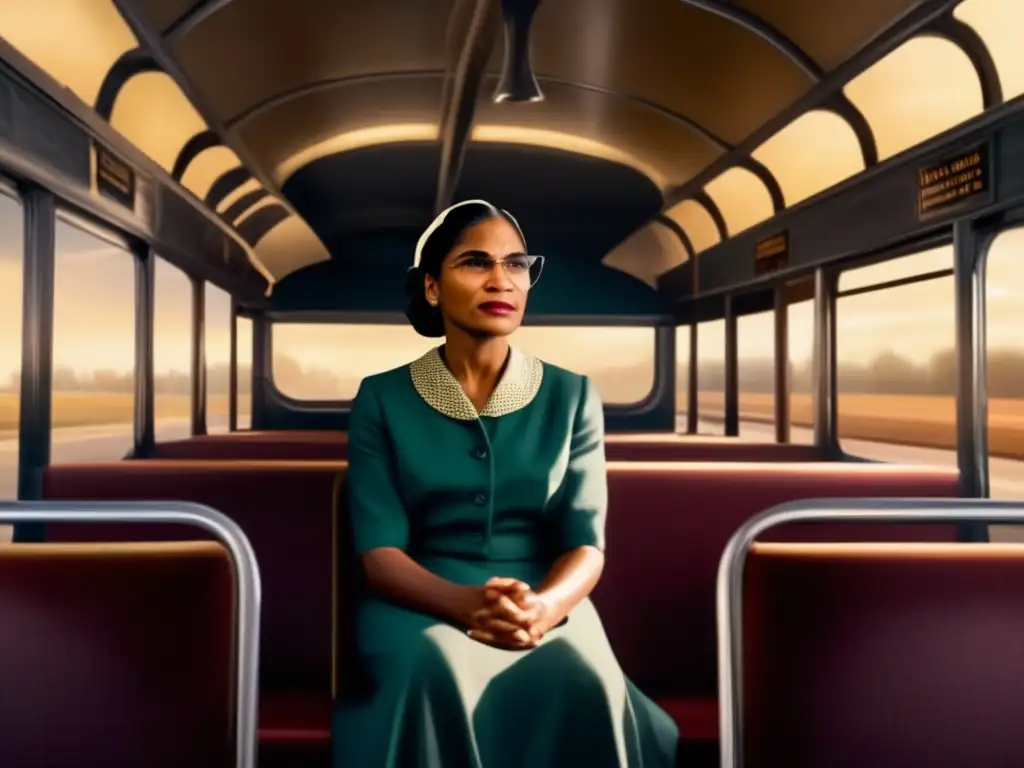 La imagen muestra a Rosa Parks sentada en un autobús, con una expresión decidida en su rostro mientras se niega a ceder su asiento