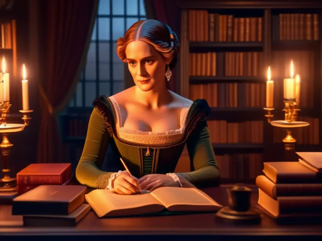 En la imagen, Mary Shelley está sentada en su escritorio, rodeada de libros y papeles