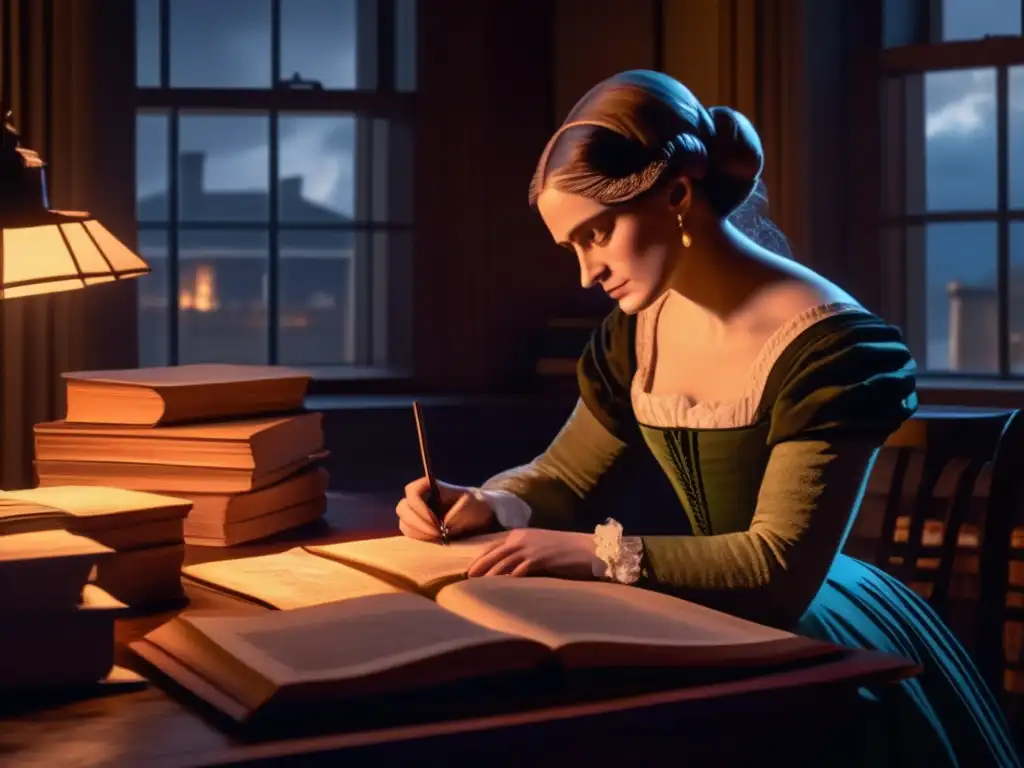 En la imagen, Mary Shelley está sentada en su escritorio, rodeada de libros y papeles