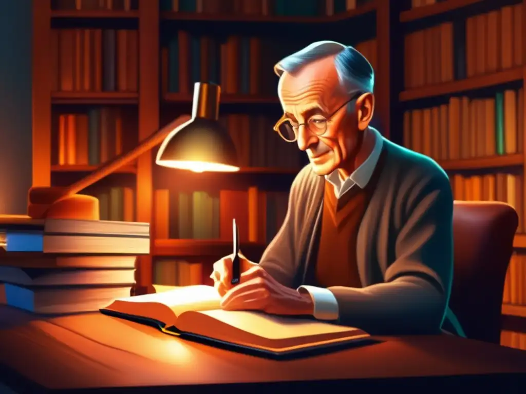 En la imagen, Herman Hesse está sentado en su acogedor estudio, rodeado de libros y escribiendo en su diario