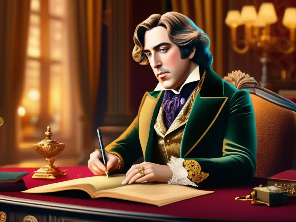 En la imagen, Oscar Wilde está sentado en un elegante escritorio, rodeado de opulencia, sosteniendo una pluma con intensidad