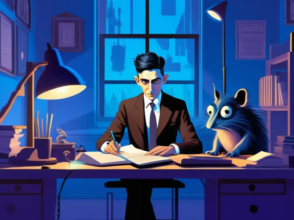 En la imagen se ve a Franz Kafka sentado en un escritorio desordenado, rodeado de papeleo burocrático y criaturas surrealistas