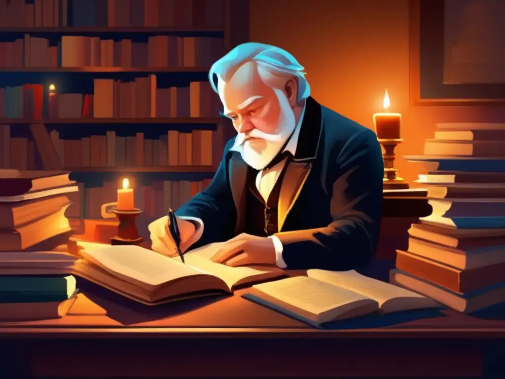 En la imagen, Victor Hugo está sentado en un escritorio desordenado en una habitación tenue, iluminado por una vela