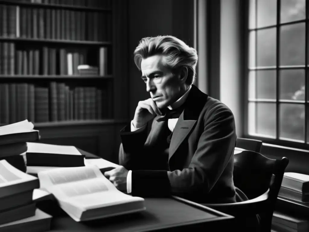 En la imagen, Søren Kierkegaard está sentado en su escritorio, inmerso en sus pensamientos, rodeado de libros y papeles en una habitación tenue