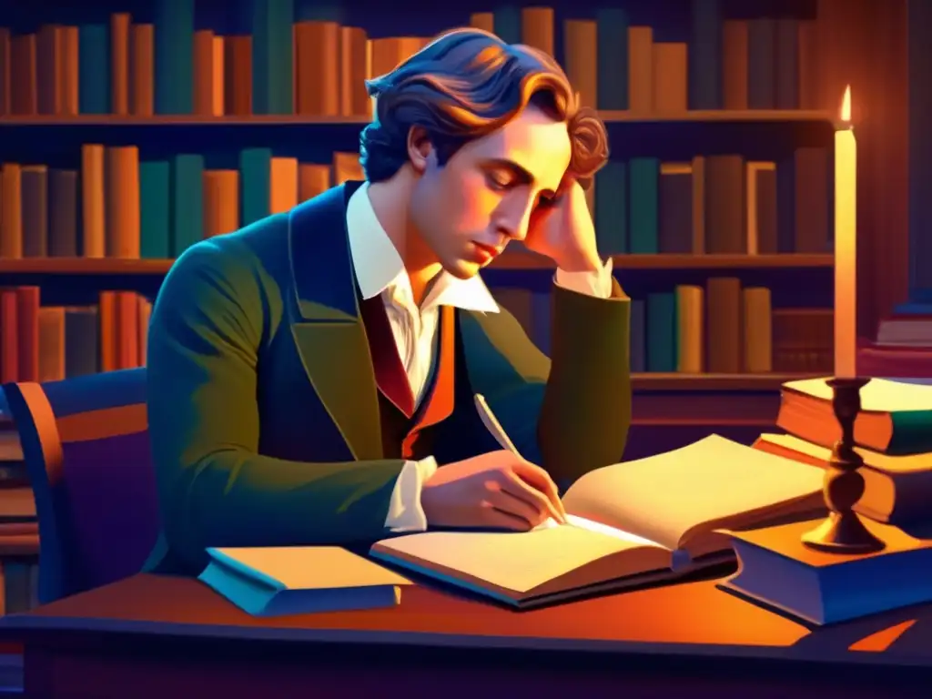 En la imagen, John Keats está sentado en su escritorio, rodeado de libros y papeles, con una expresión pensativa