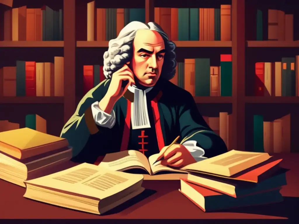 En la imagen, Jonathan Swift está sentado en un escritorio rodeado de libros y papeles, con una expresión contemplativa
