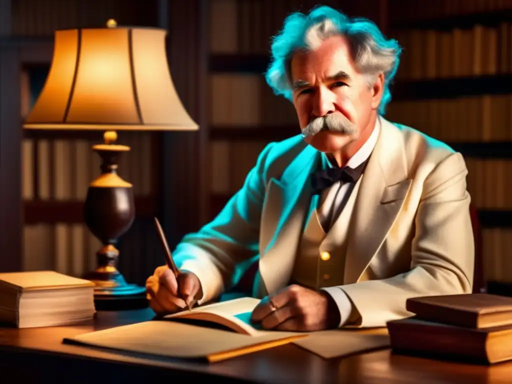 En la imagen, Mark Twain está sentado en su escritorio, rodeado de libros y papeles, con una expresión reflexiva mientras sostiene una pluma