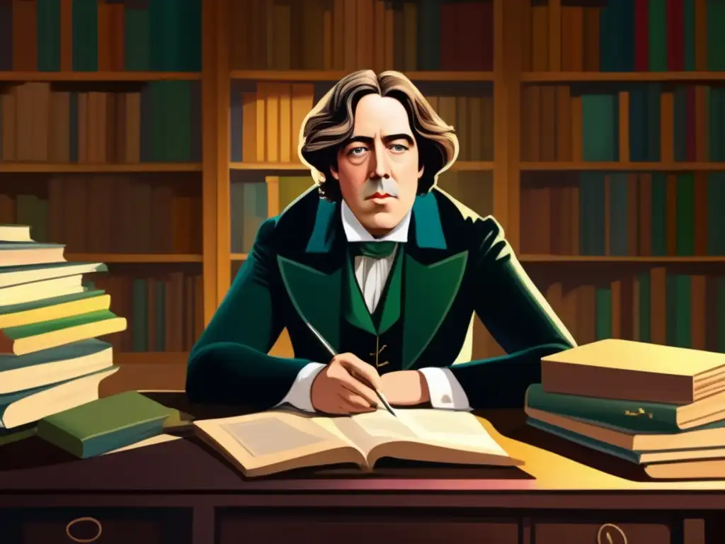 En la imagen, Oscar Wilde está sentado en un escritorio rodeado de libros y papeles, mirando pensativamente por la ventana