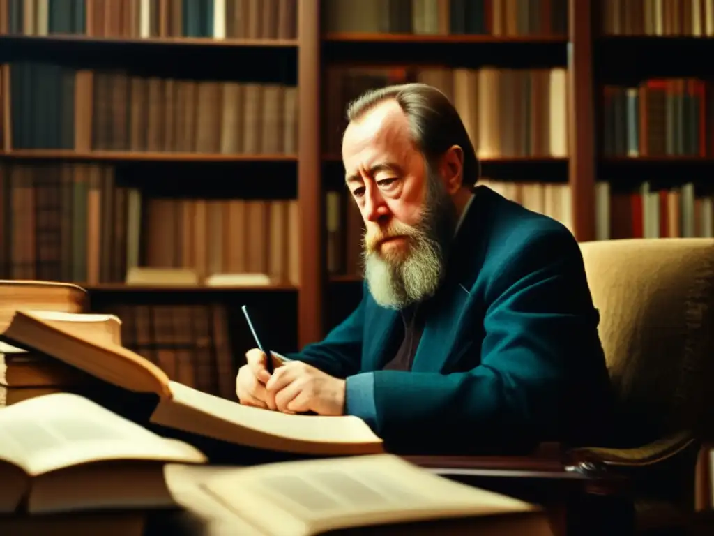 En la imagen, Aleksandr Solzhenitsyn está sentado en su escritorio, rodeado de libros y manuscritos