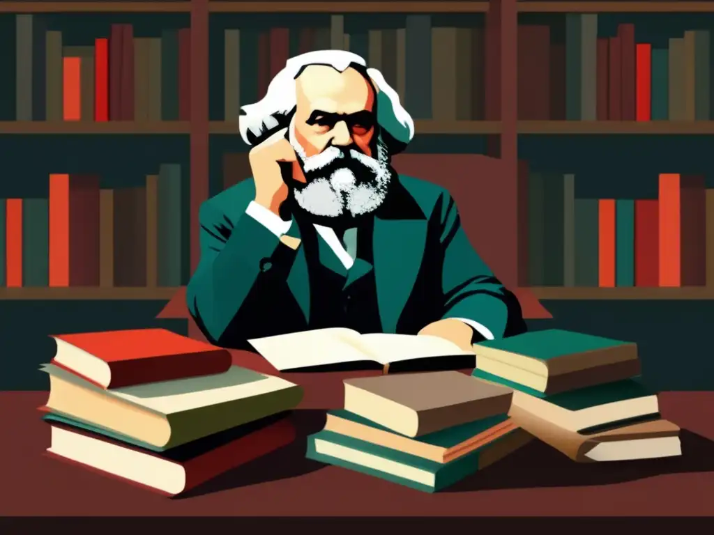 En la imagen, Karl Marx está sentado en un escritorio, rodeado de libros y papeles, con una expresión contemplativa