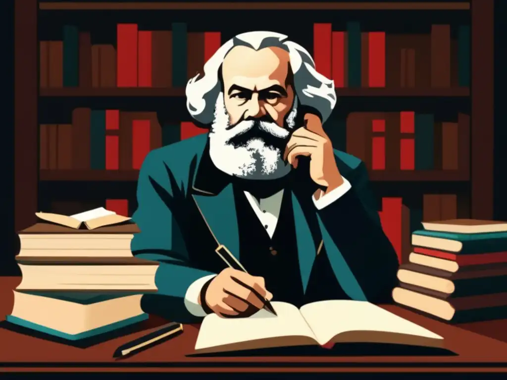 En la imagen, Karl Marx está sentado en su escritorio rodeado de libros y papeles, sumido en profundos pensamientos