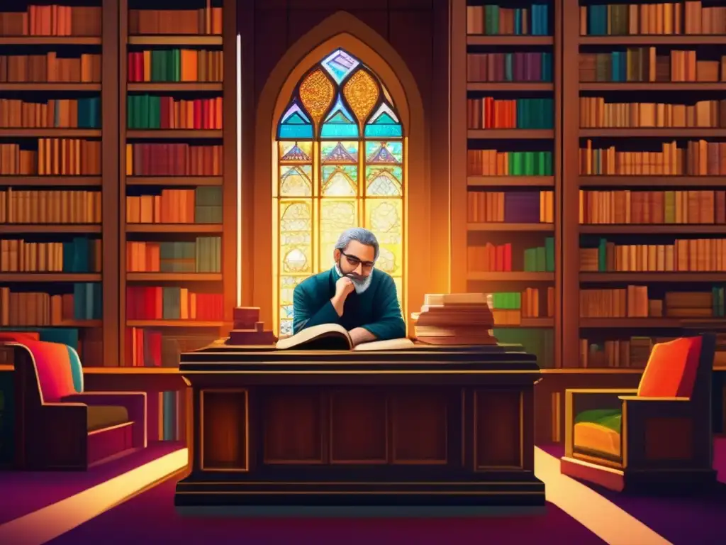 Maimónides: Sabiduría en la contemplación En la imagen, Moisés Maimónides está sentado en un escritorio rodeado de libros antiguos, pensativo y rodeado de luz