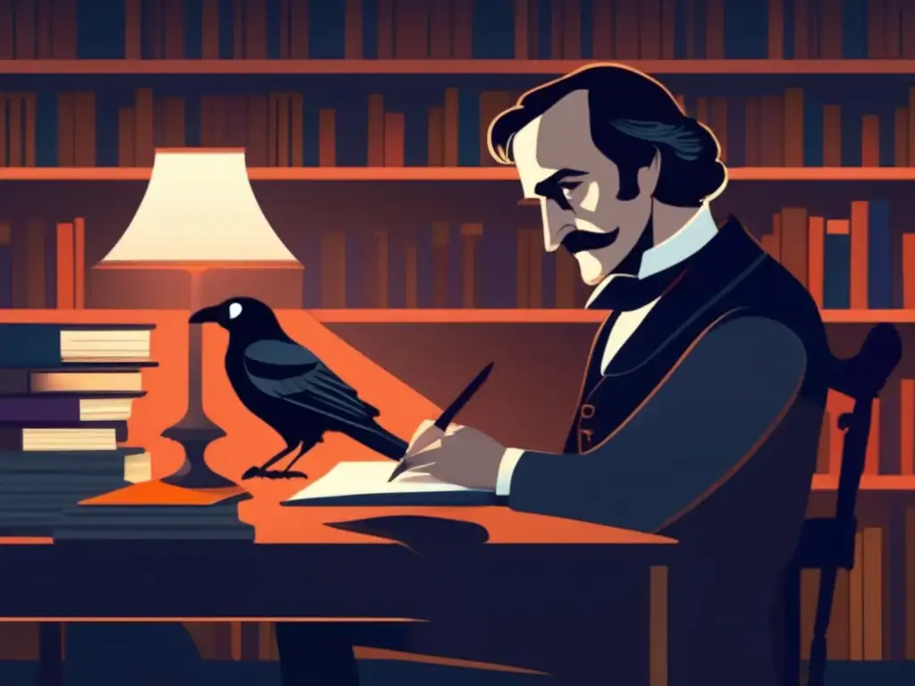 En la imagen, Edgar Allan Poe está sentado en un escritorio tenue, rodeado de libros y plumas