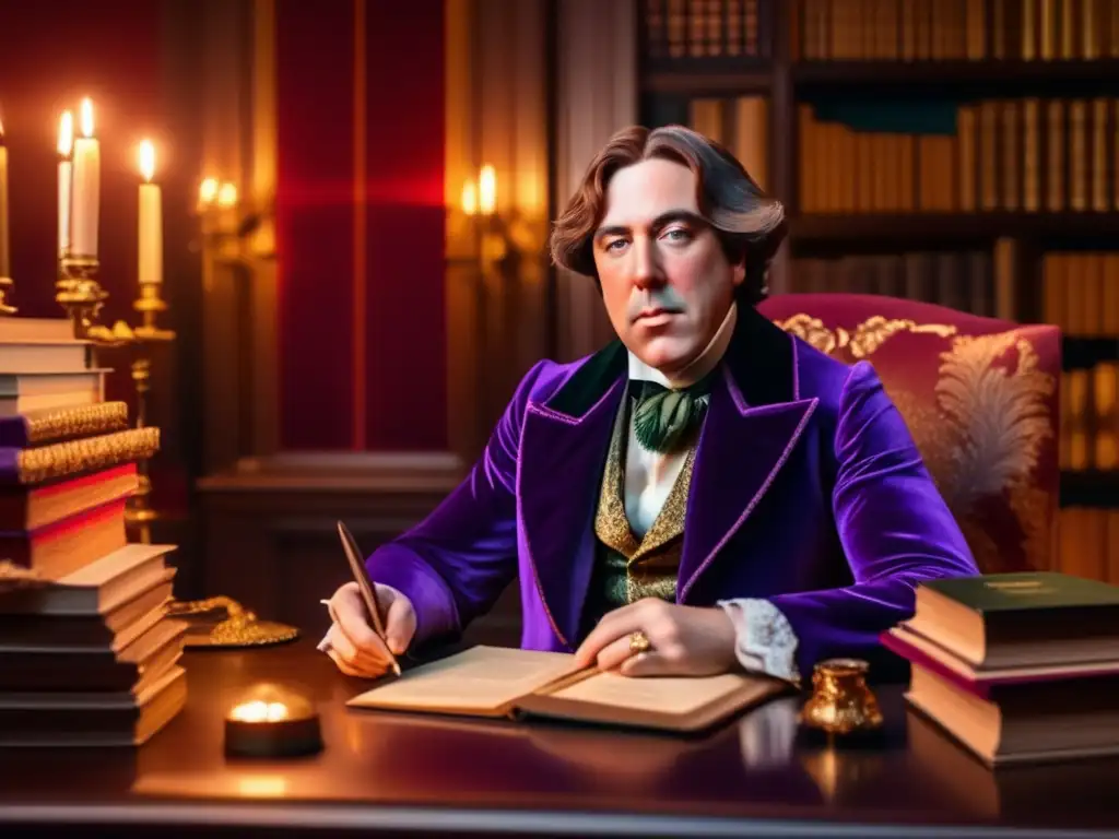 En la imagen, Oscar Wilde está sentado en un lujoso escritorio, rodeado de libros y papeles, vestido con un llamativo traje de terciopelo