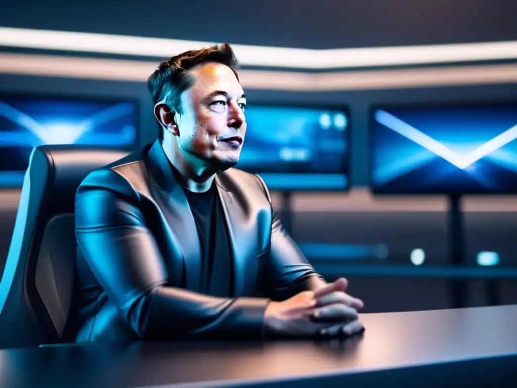 En la imagen, Elon Musk está sentado en una oficina futurista, rodeado de tecnología de vanguardia