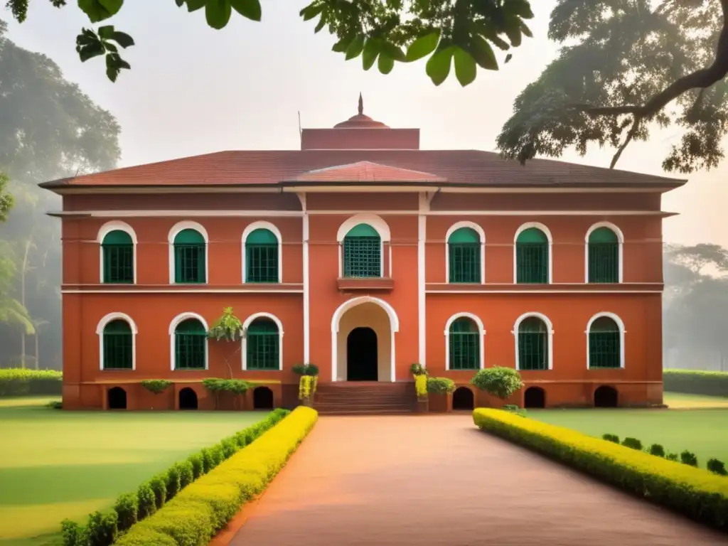 Una imagen serena y cálida del emblemático edificio de ladrillo rojo de la Universidad VisvaBharati en Santiniketan, reflejando la filosofía india moderna de Rabindranath Tagore