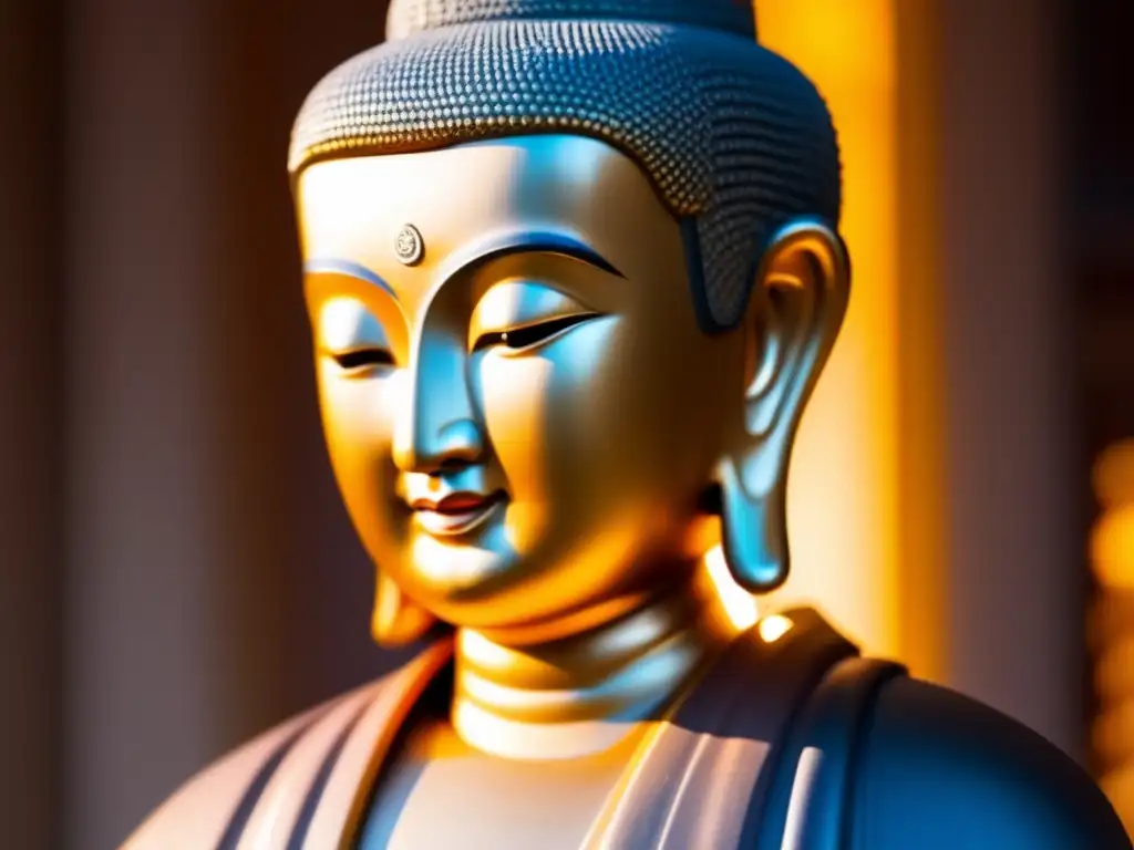 La imagen muestra la serena estatua de Shinran, fundador del budismo Jodo Shinshu, iluminada en tonos dorados