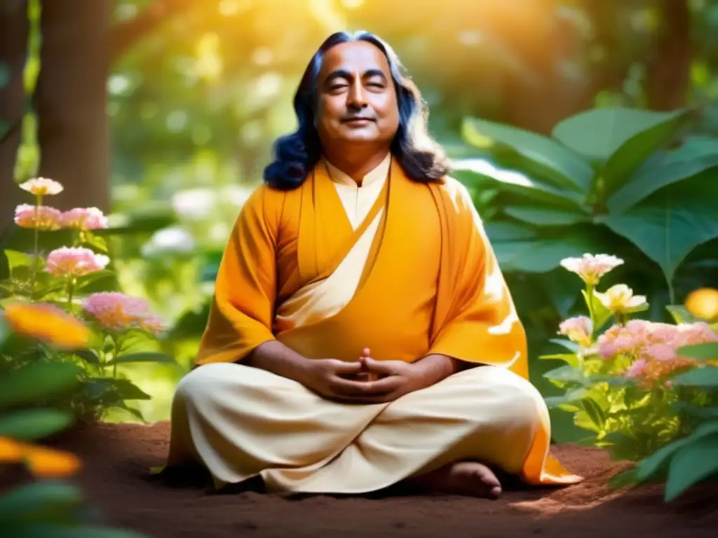 Una imagen serena de Paramahansa Yogananda meditando en la naturaleza