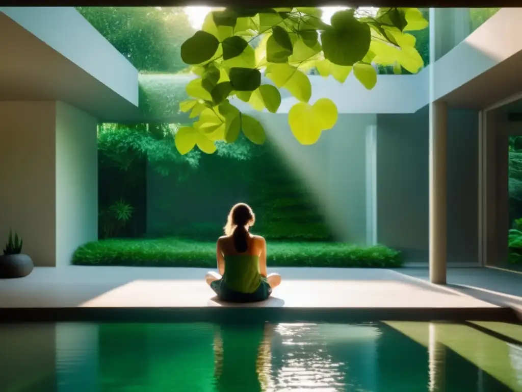 Una imagen serena de alguien sentado en posición de loto bajo suave luz natural, expresando paz e introspección