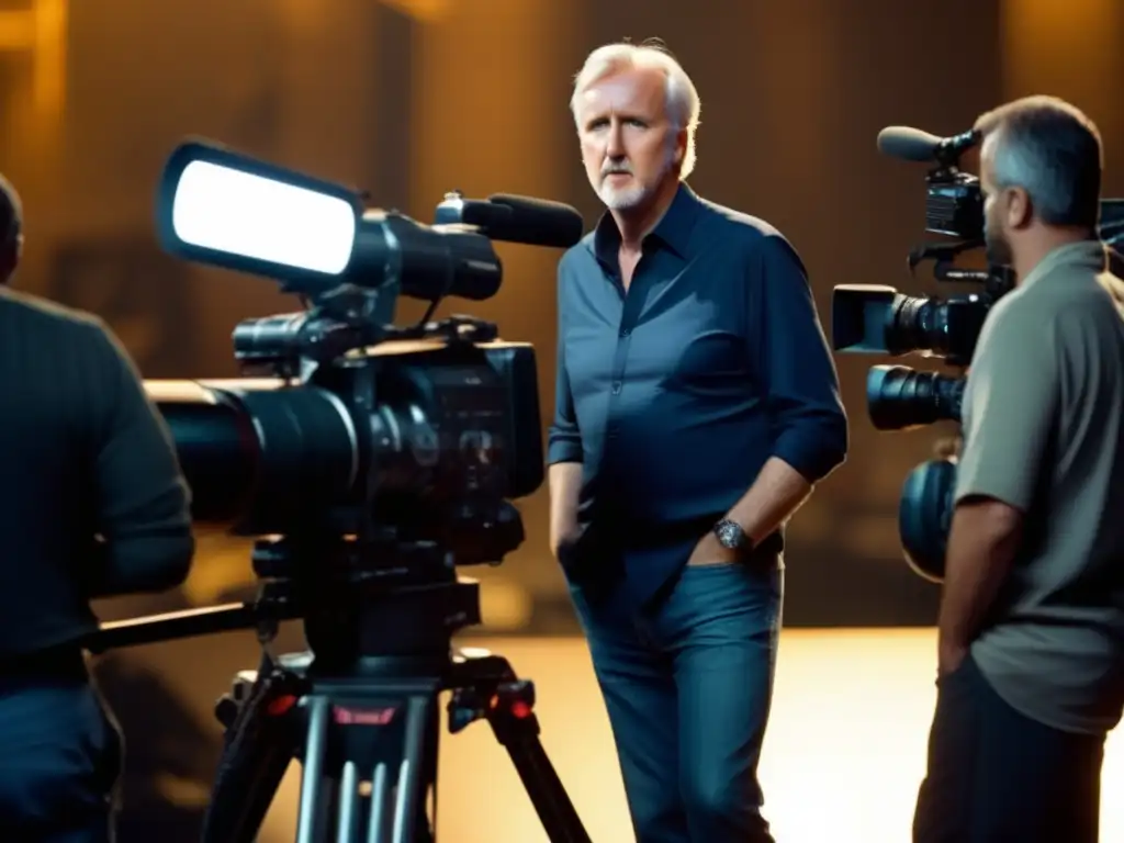 En la imagen, vemos a James Cameron en un set de película, rodeado de cámaras y miembros del equipo, con una expresión determinada