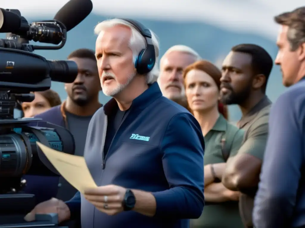 En la imagen, James Cameron dirige con pasión en un set de película, rodeado de su equipo