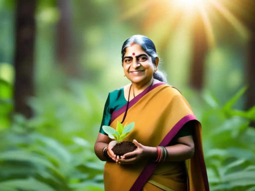 Una imagen de Vandana Shiva en un frondoso bosque, sosteniendo una plántula con determinación