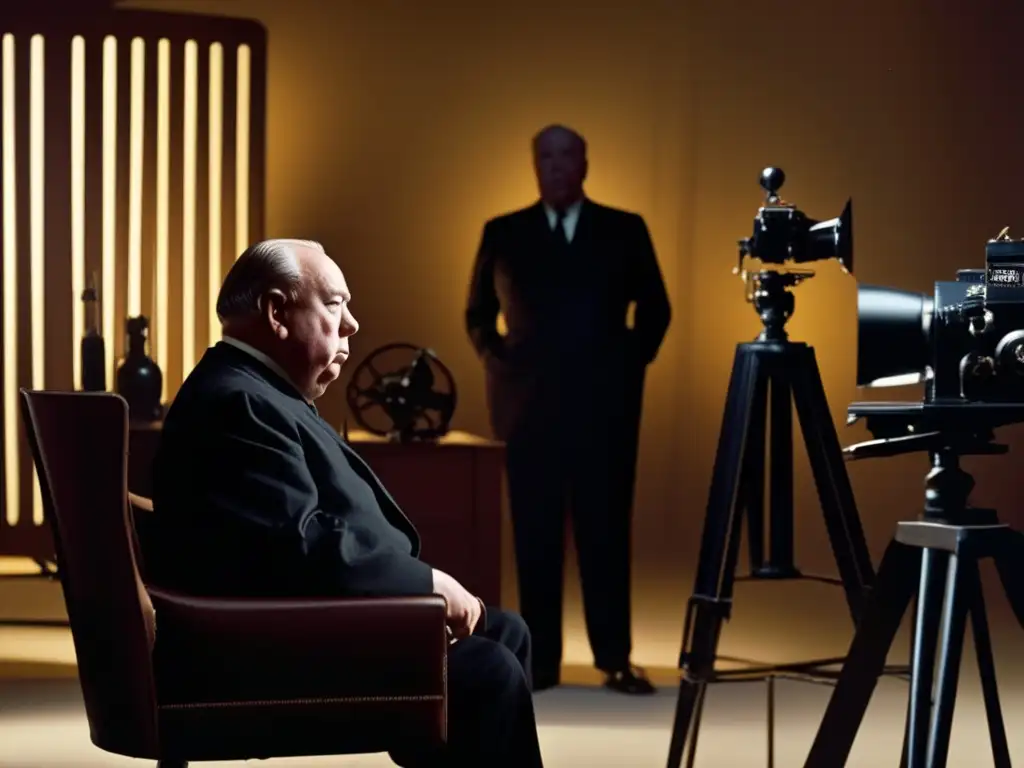En la imagen, Alfred Hitchcock supervisa la producción en su silla de director, rodeado de elementos icónicos de sus películas
