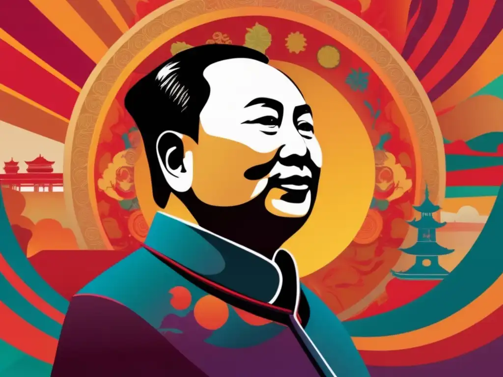En la imagen, la silueta de Mao TseTung emerge entre colores vibrantes y formas abstractas, representando la filosofía y la revolución china