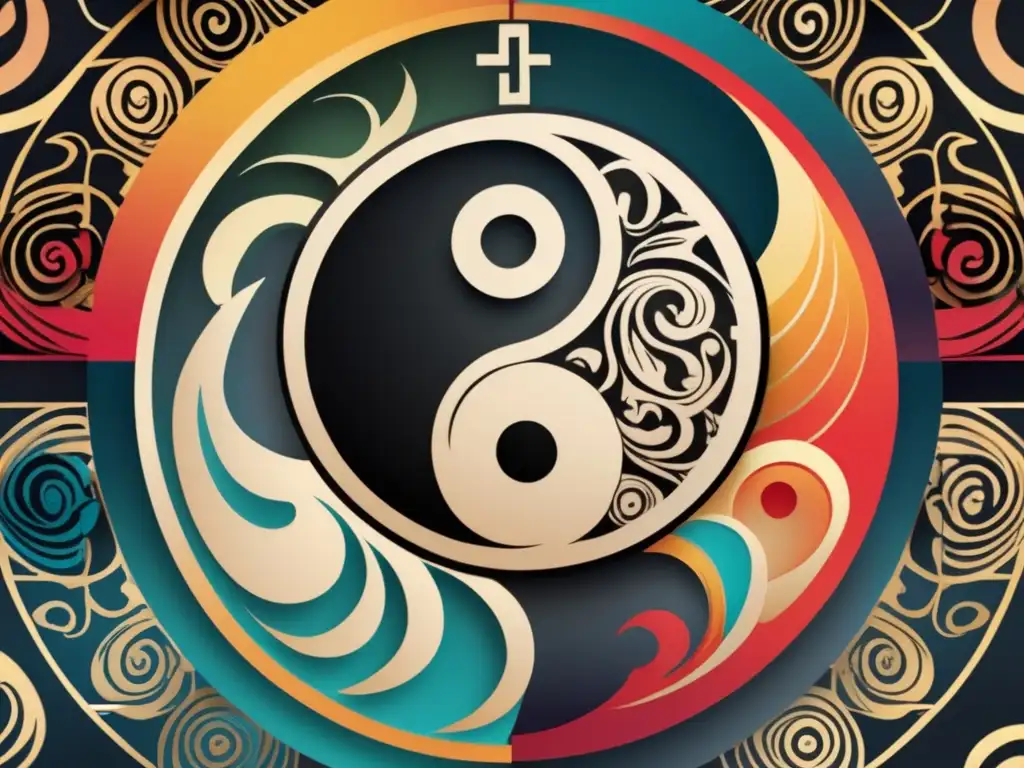 La imagen muestra un símbolo yinyang con detallados patrones y colores vibrantes que representan la influencia duradera de LaoTse en la filosofía y cultura orientales