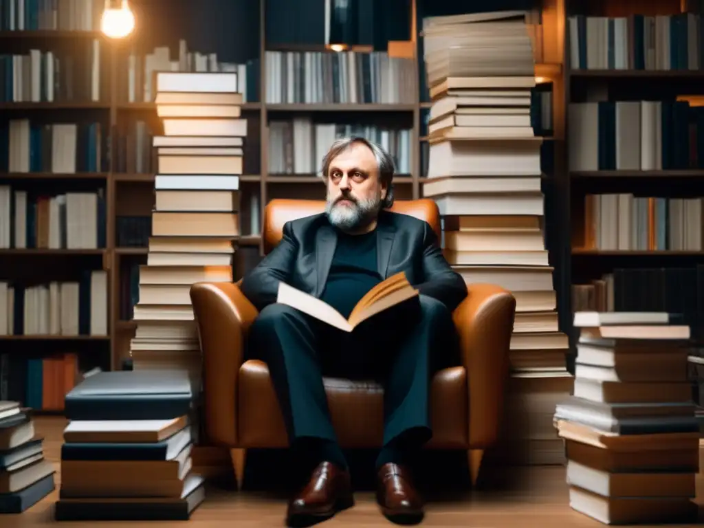 En la imagen, Slavoj Žižek está inmerso en sus pensamientos, rodeado de libros y papeles, en una atmósfera de intensa contemplación