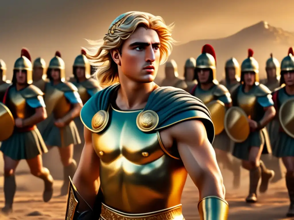 En la imagen se ve a Alejandro Magno liderando a sus soldados en una batalla, con determinación y visión
