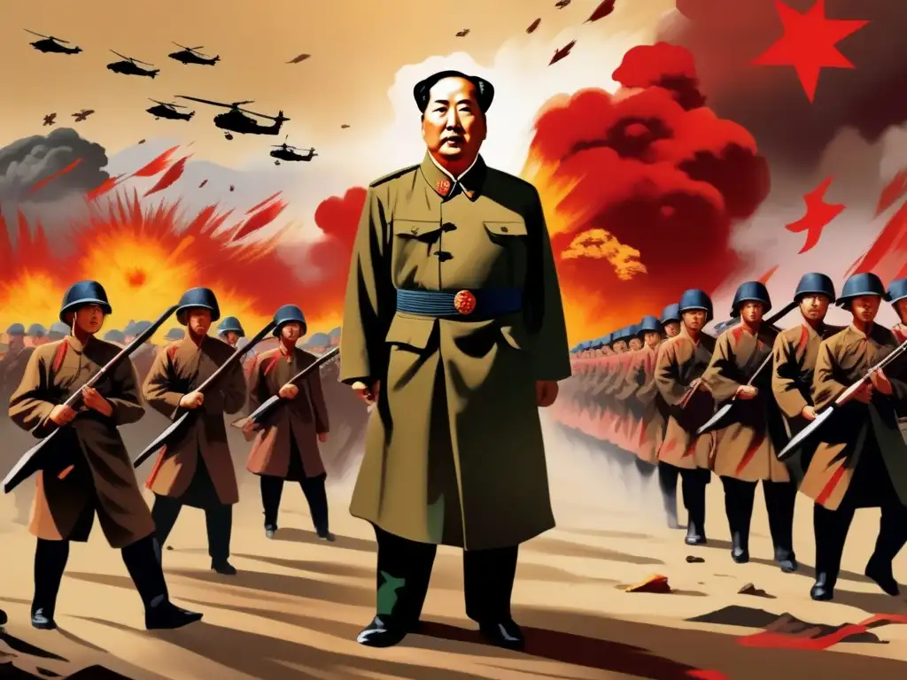 La imagen muestra a Mao Zedong liderando a soldados chinos en la Segunda Guerra SinoJaponesa, con explosiones y acción intensa