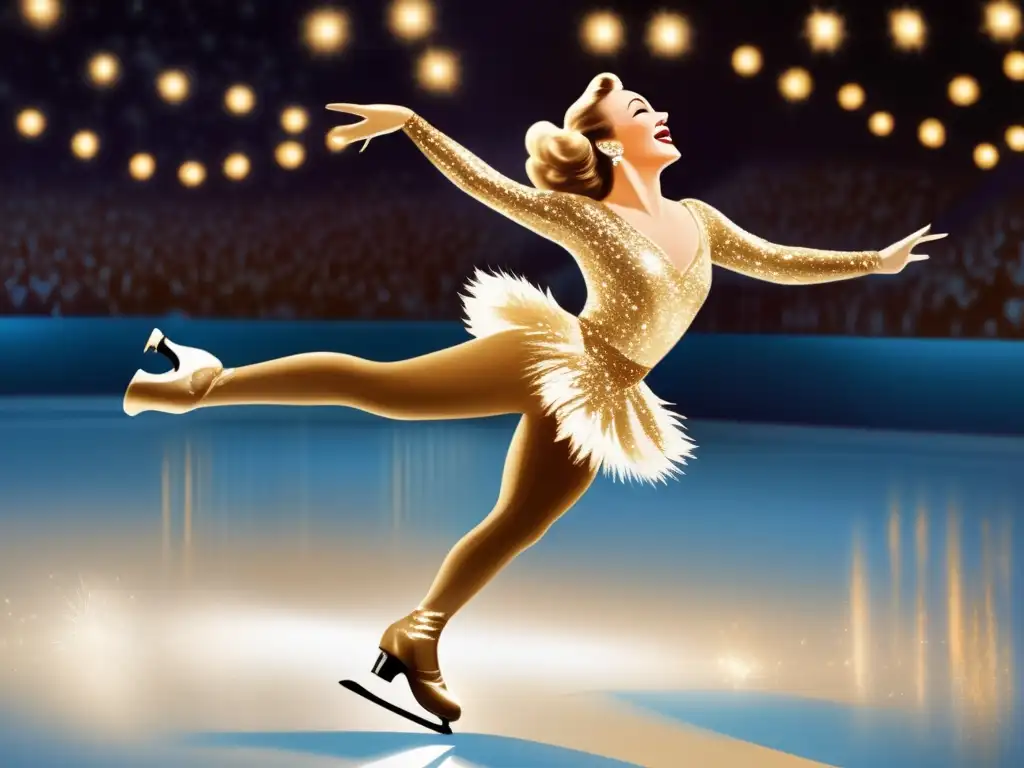 La imagen muestra a Sonja Henie deslizándose elegantemente en el hielo, ejecutando un triple axel impecable