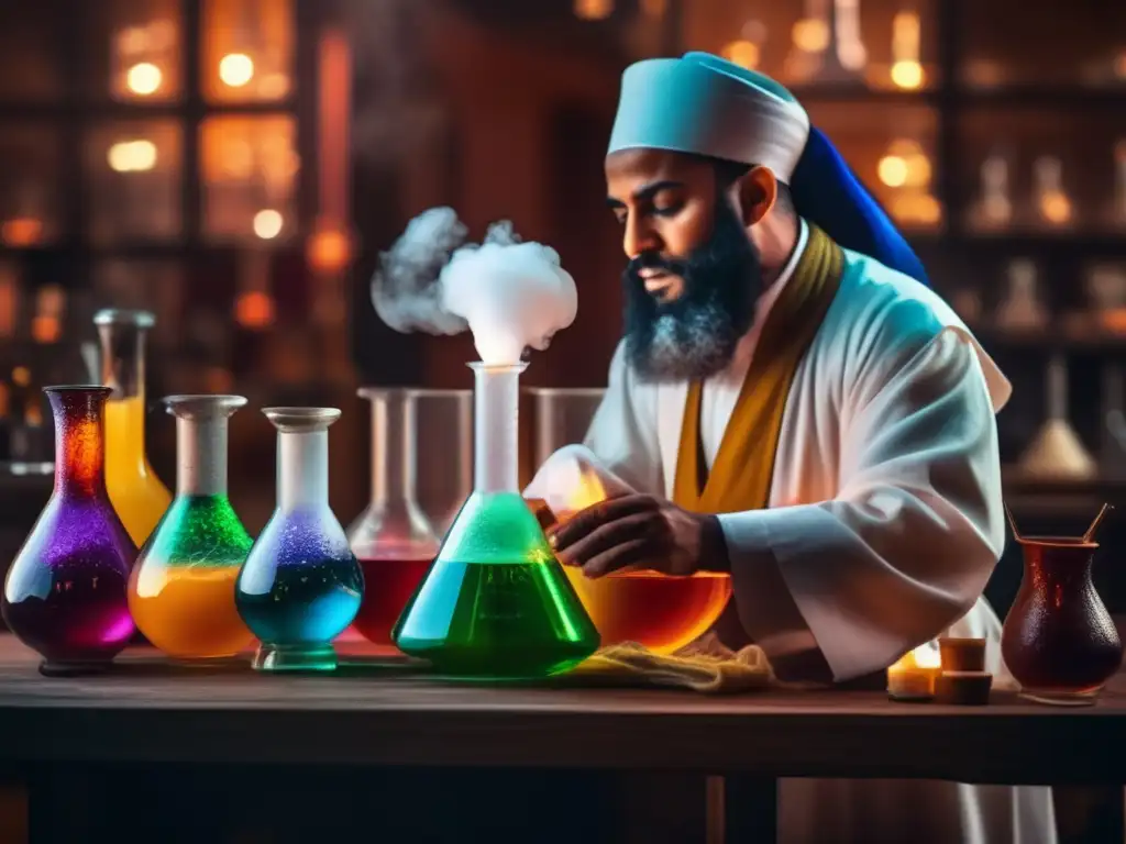 En la imagen, Jabir Ibn Hayyan mezcla y vierte sustancias alquímicas en un laboratorio sofisticado, con un ambiente misterioso y de descubrimiento