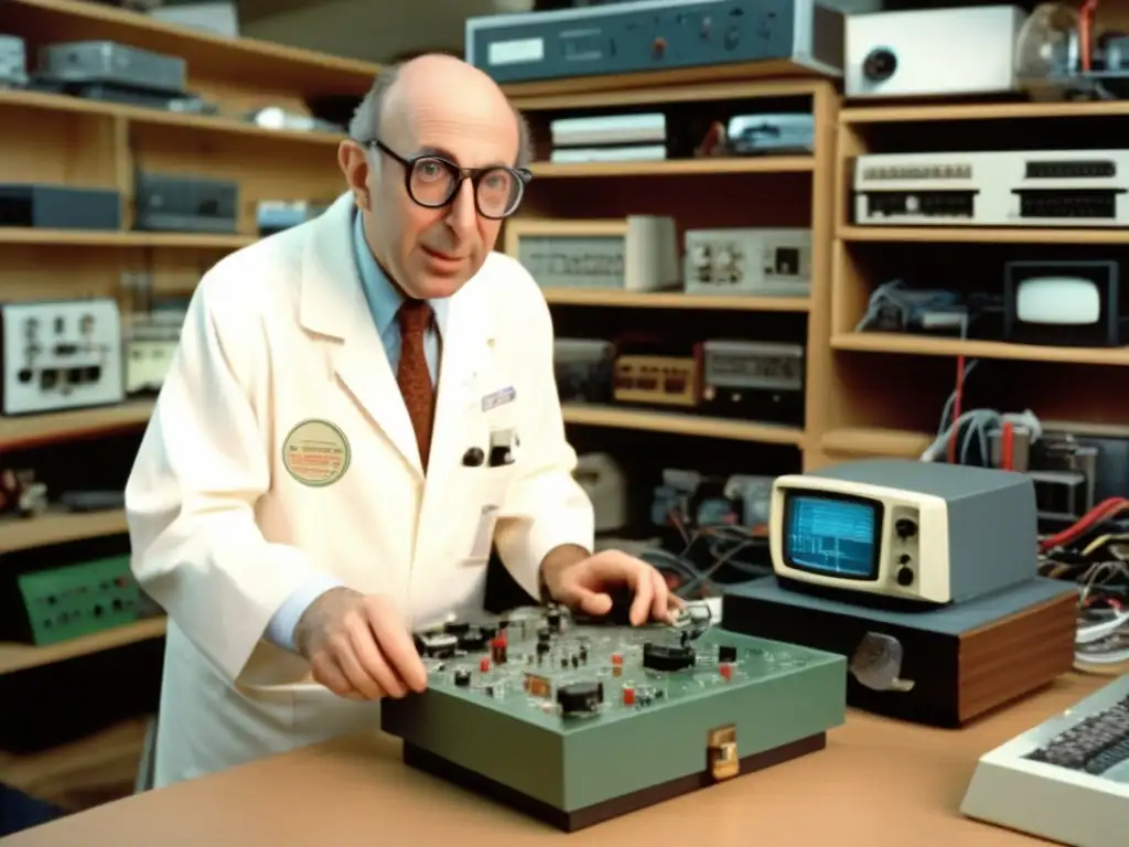 En la imagen se muestra a Ralph Baer en su taller, rodeado de prototipos de videoconsolas y componentes electrónicos