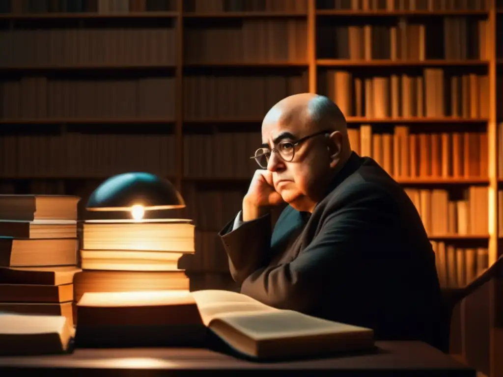 En la imagen, Theodor Adorno está inmerso en pensamientos críticos en una habitación tenue, rodeado de libros