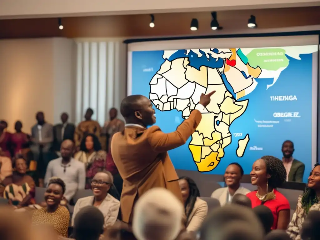 En la imagen, Théophile Obenga habla apasionadamente en un evento cultural mientras señala un gran mapa de África