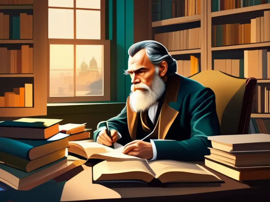 En la imagen, Tolstoy reflexiona en su escritorio, rodeado de libros y papeles