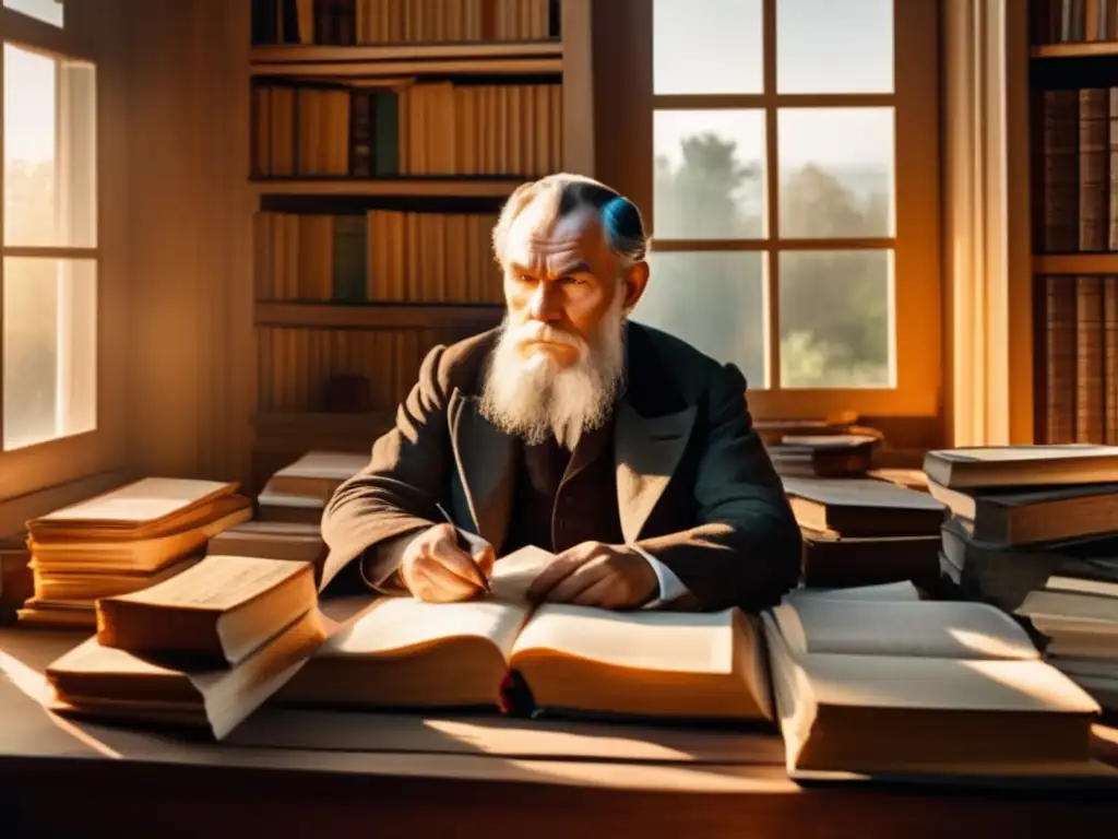 Una imagen de Leo Tolstoy en su escritorio, rodeado de libros y papeles, con expresión reflexiva