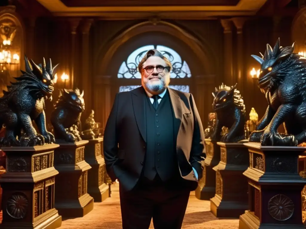 En la imagen, Guillermo del Toro se destaca frente a esculturas de monstruos, iluminado por una luz misteriosa