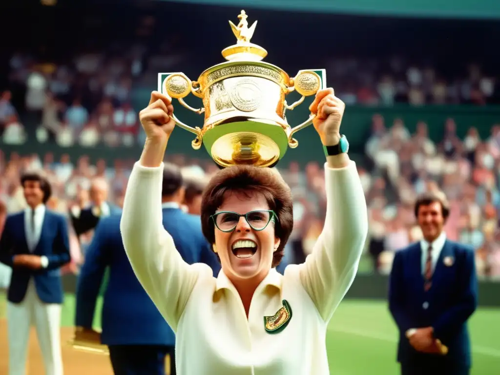 Imagen de Billie Jean King sosteniendo trofeo de Wimbledon, símbolo de la batalla por la igualdad en el tenis femenino