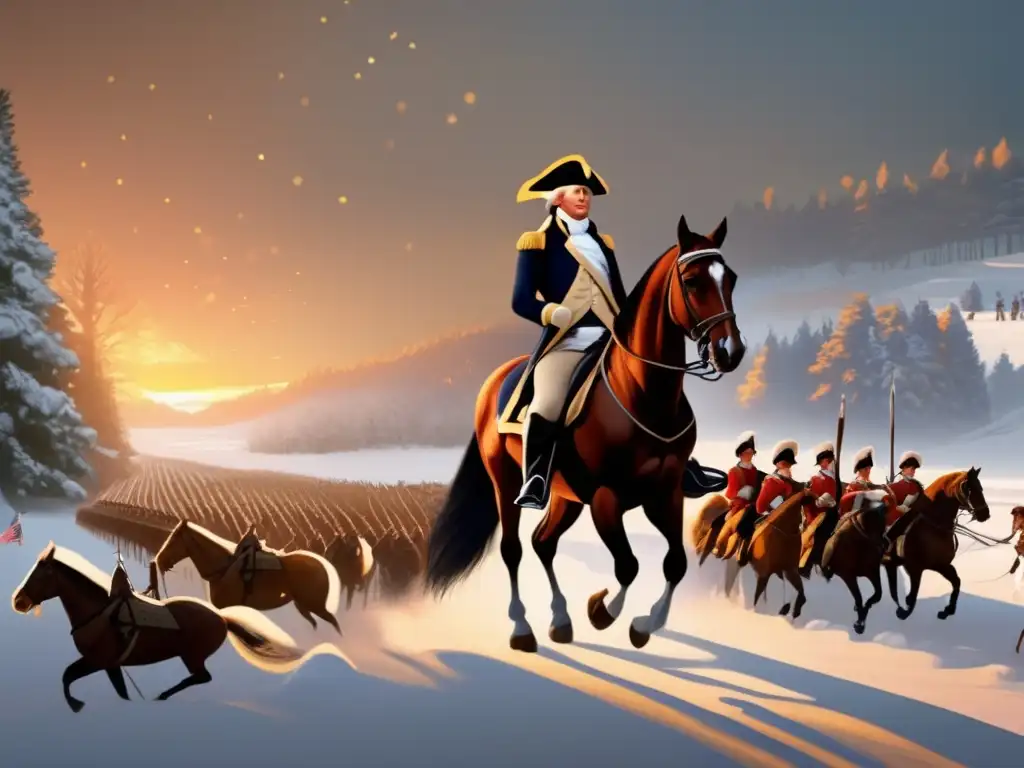 En la imagen, George Washington lidera tropas en la Revolución Americana con determinación estratégica en un paisaje nevado