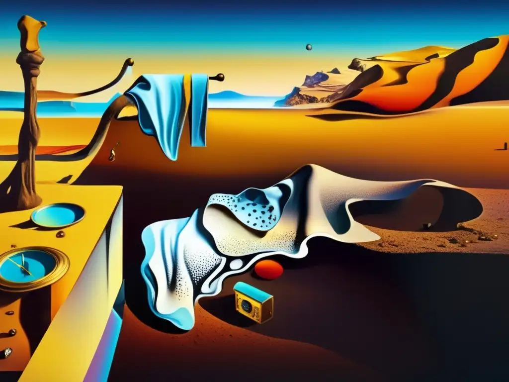 Una imagen en ultra alta definición de 'La persistencia de la memoria' de Salvador Dalí, con colores vibrantes y surrealistas, relojes derretidos sobre un paisaje distorsionado, evocando una sensación de maravilla onírica y mostrando el icónico estilo surrealista del artista