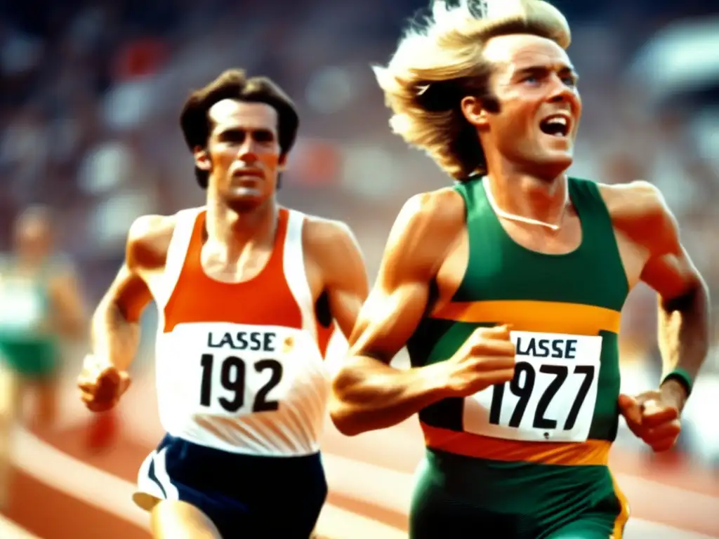 Una imagen ultra detallada de Lasse Virén cruzando la meta en la carrera de 10,000 metros en las Olimpiadas de 1972