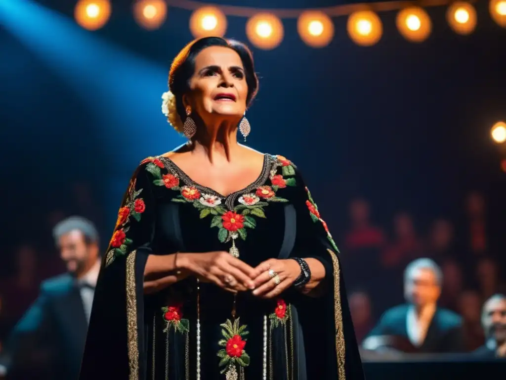 Una imagen 8k ultra detallada de Amalia Rodrigues interpretando en un escenario tradicional de fado portugués