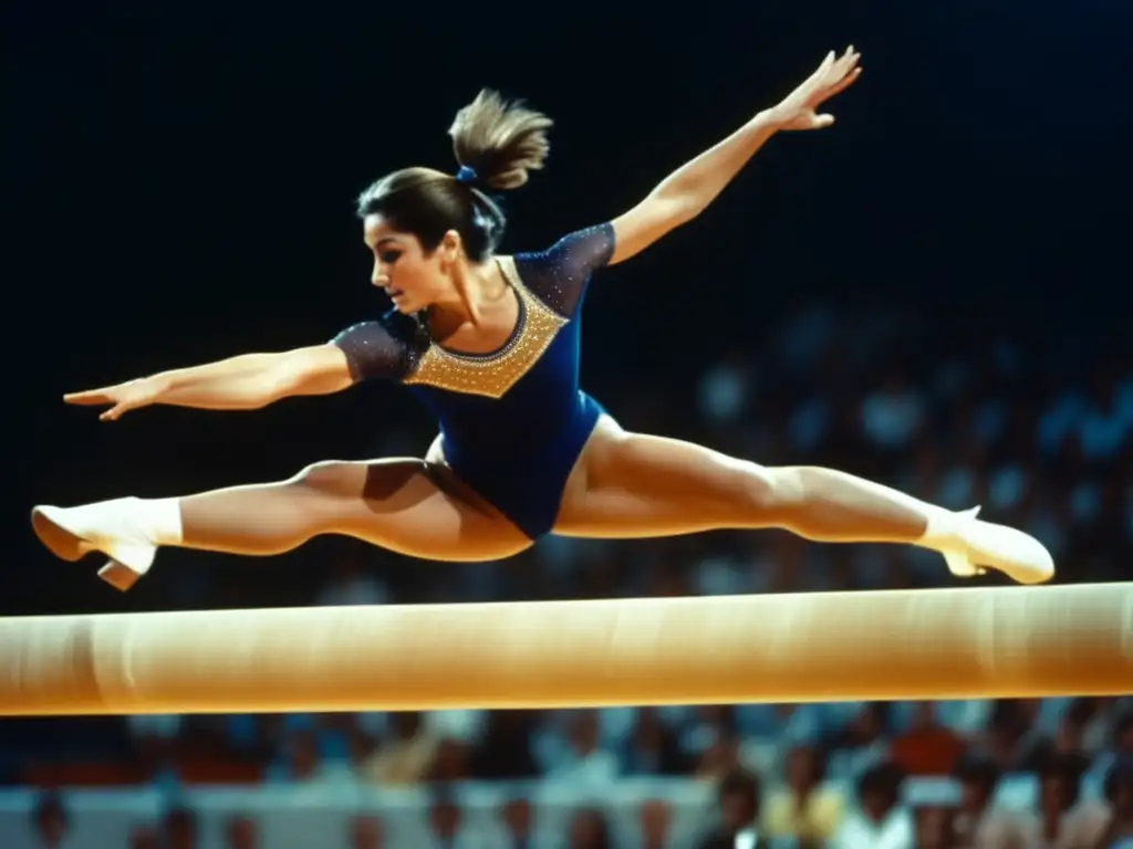 Una imagen 8K ultra detallada de Nadia Comăneci ejecutando una rutina perfecta en la barra de equilibrio durante los Juegos Olímpicos de 1976
