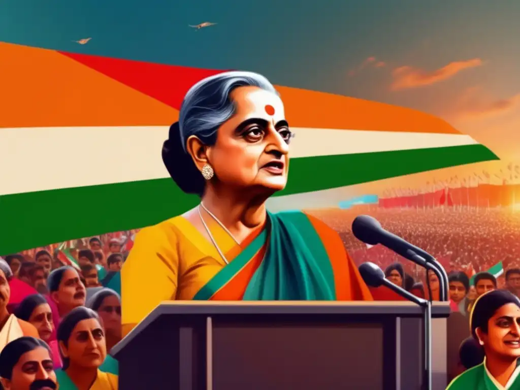 Una imagen 8k ultradetallada de Indira Gandhi dando un apasionado discurso a una gran multitud, con la bandera india ondeando al fondo