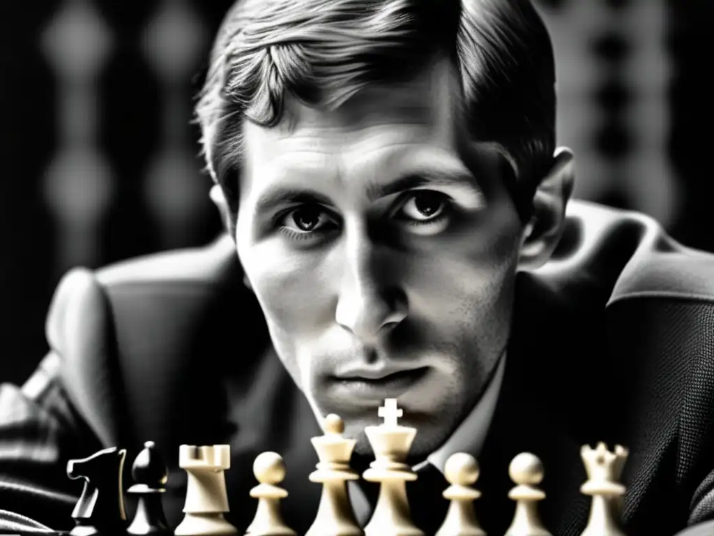 Una imagen ultradetallada de Bobby Fischer concentrado en el ajedrez, con cada gota de sudor y arruga de su frente capturada