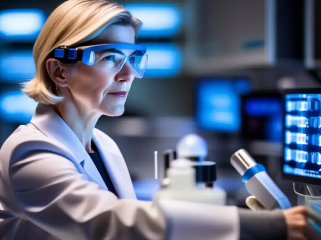 Una imagen ultradetallada de Jennifer Doudna en un laboratorio, manipulando con precisión una herramienta de edición génica CRISPR