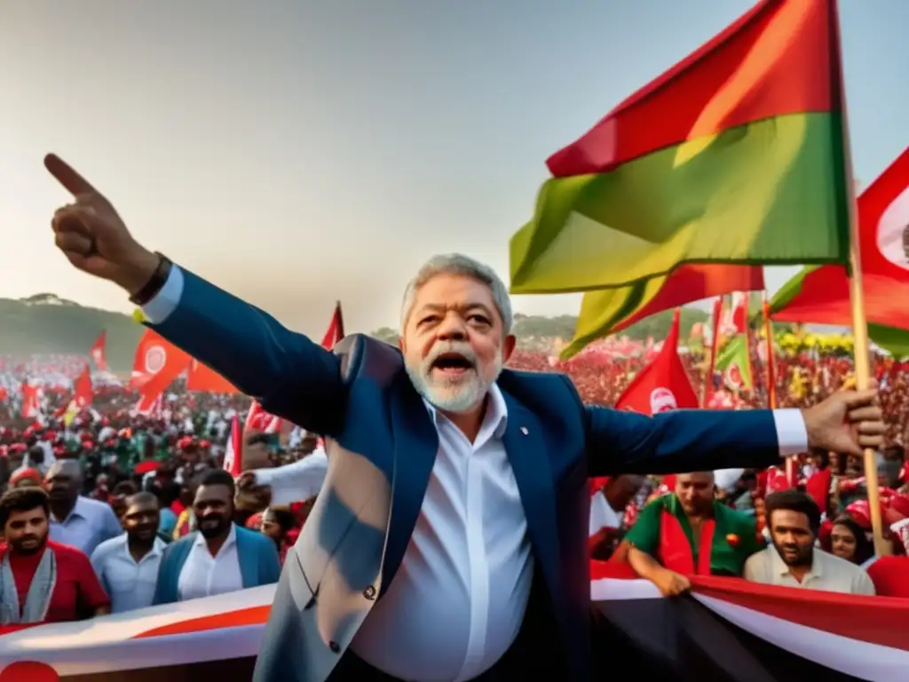 Una imagen vibrante de Lula da Silva liderando a trabajadores enérgicos y comprometidos, rodeado de banderas sindicales
